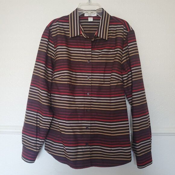 Coldwater Creek Blouse Size S 8 Brown Red Stripe No Iron Long Sleeve Button - Picture 1 of 15